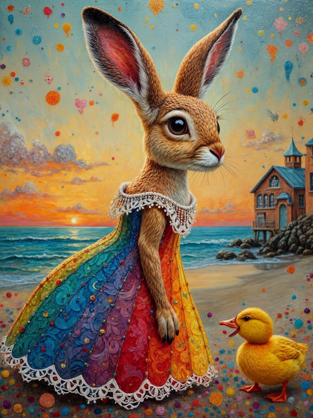 Whimsical Rabbit in Rainbow Dress at Sunset Beach