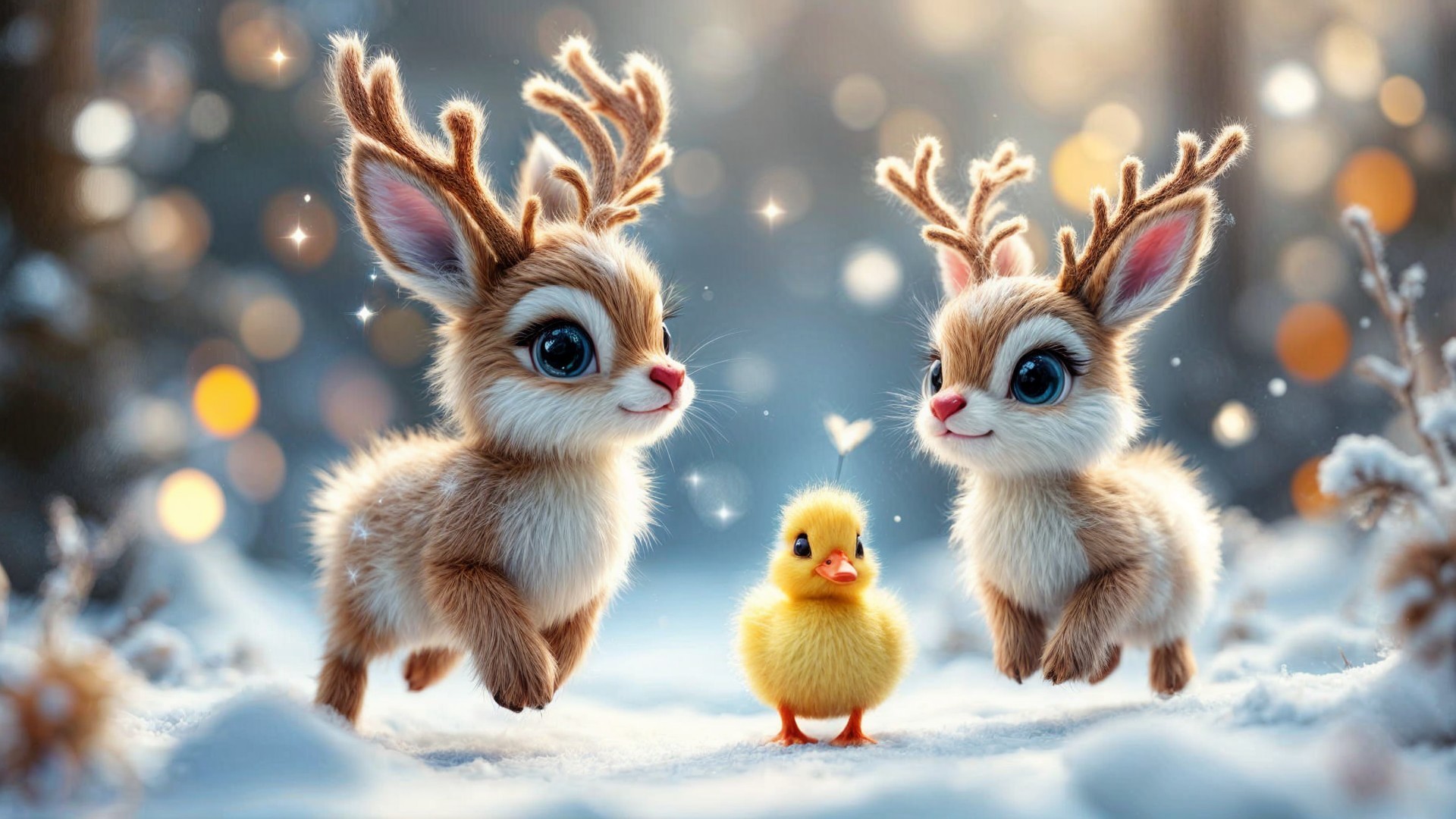 Fluffy Deer and Duckling in a Snowy Landscape