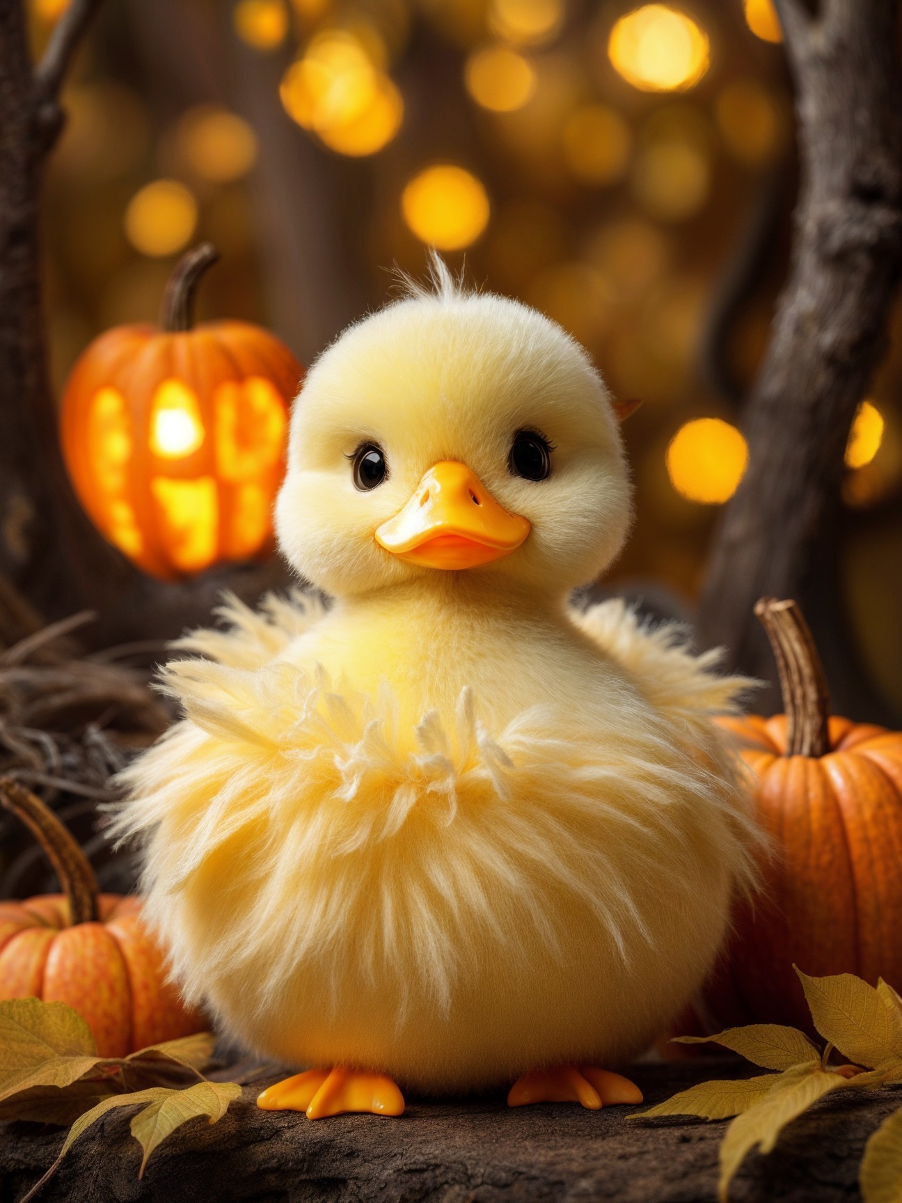Cheerful yellow duckling among pumpkins and autumn leaves