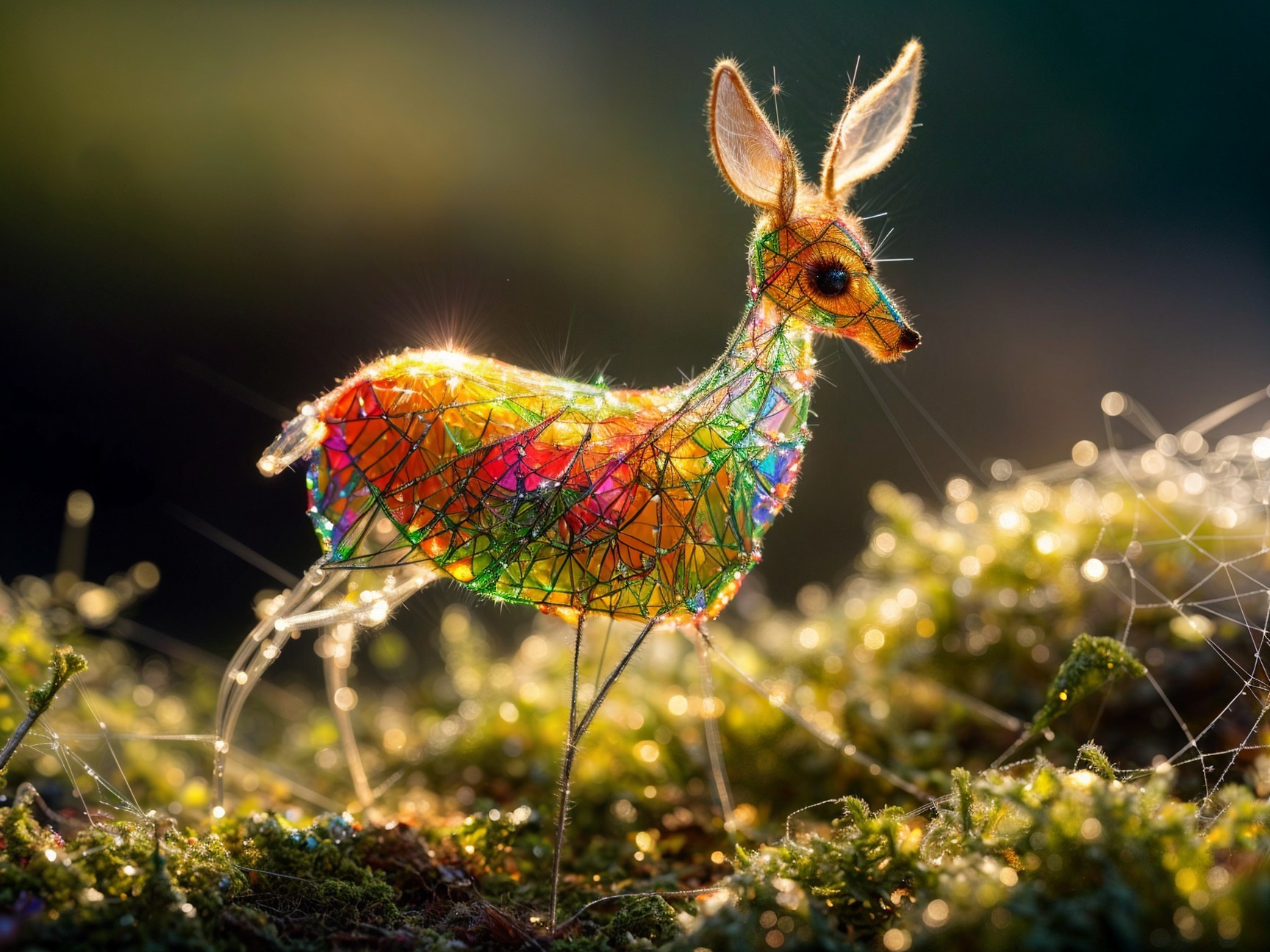 Colorful deer sculpture in a lush green landscape