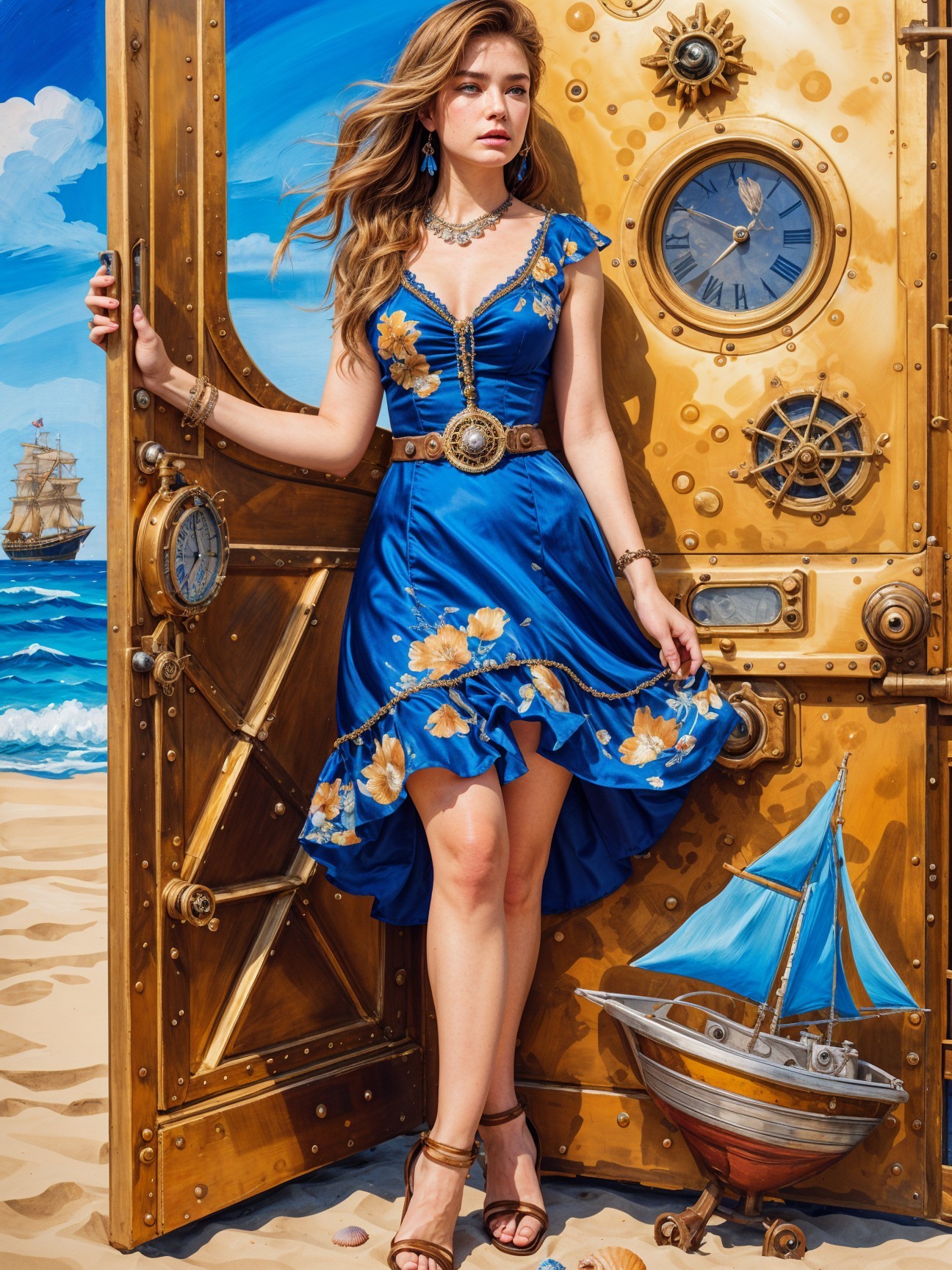 Young Woman at Ornate Door by Vibrant Beach Scene