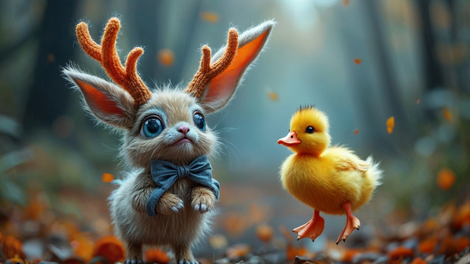 Charming Creature in Whimsical Forest with Duckling