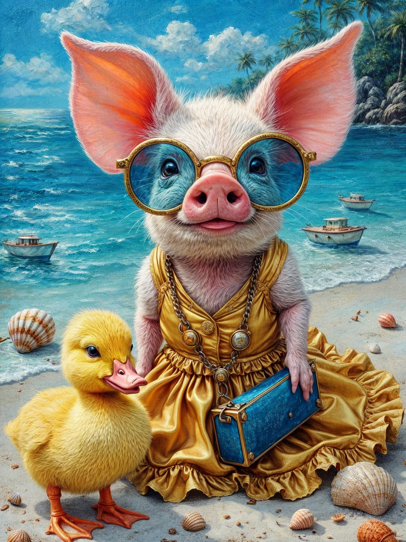 Whimsical Beach Scene with Piglet and Duckling