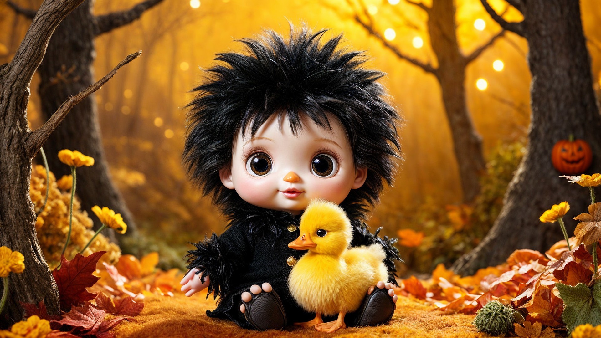 Whimsical Doll Surrounded by Autumn Leaves and Pumpkins
