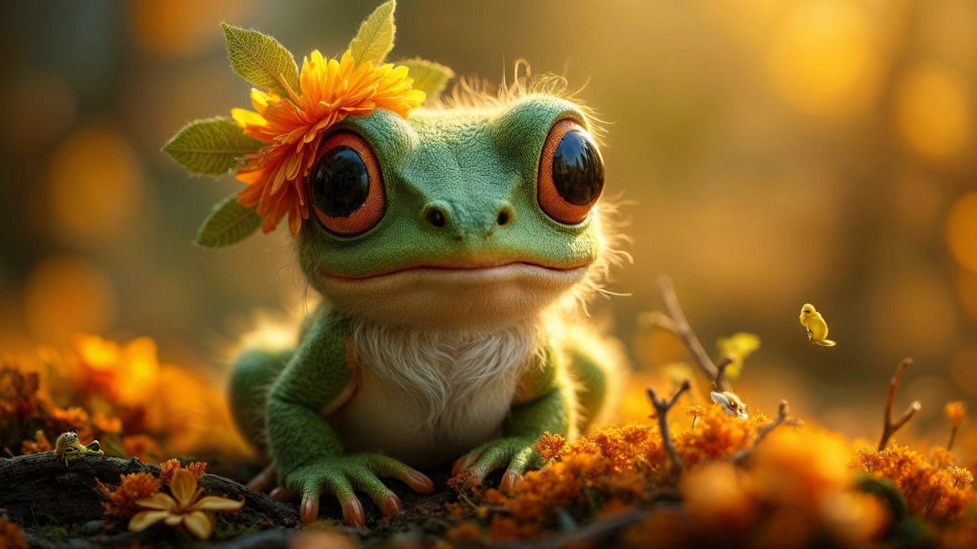 Whimsical Frog in Vibrant Autumn Foliage Scene