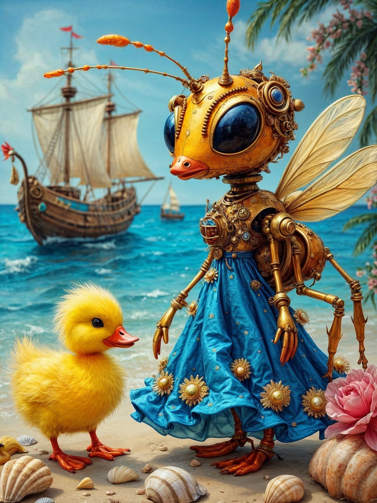 Steampunk Bee and Duckling on a Beach Scene