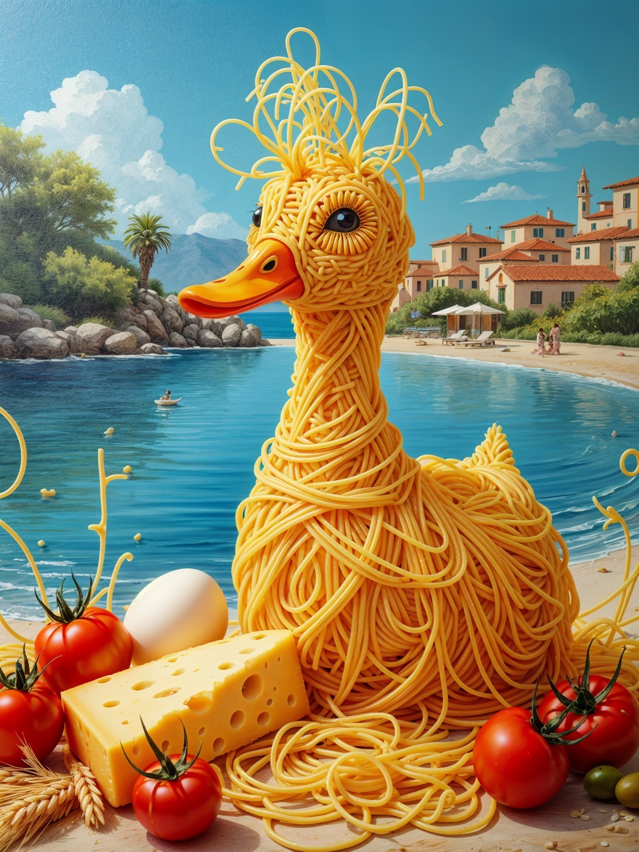 Spaghetti Duck Sculpture by Serene Waterfront Scene