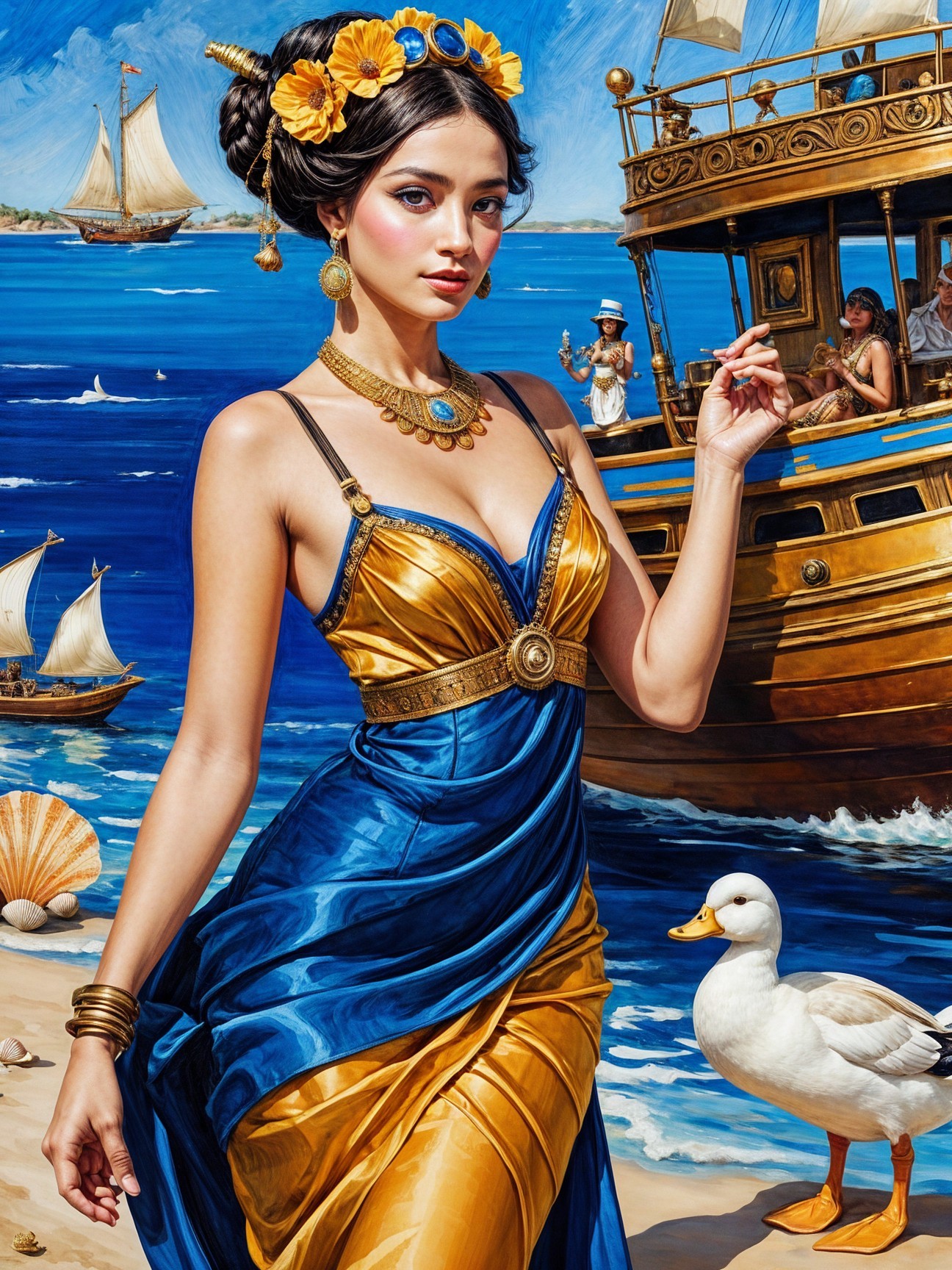 Young woman in blue gown on sunlit beach scene