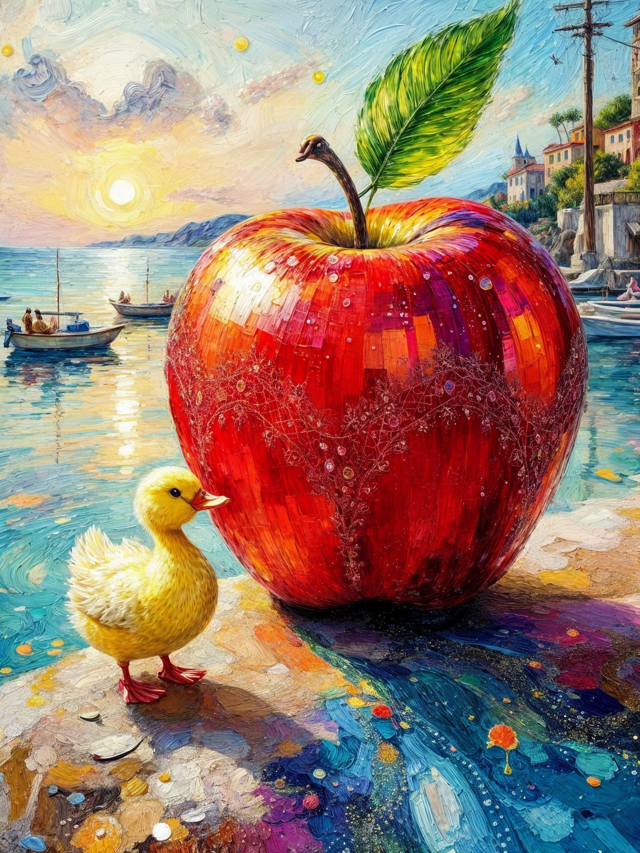 Red Apple and Yellow Duckling by Serene Waterfront