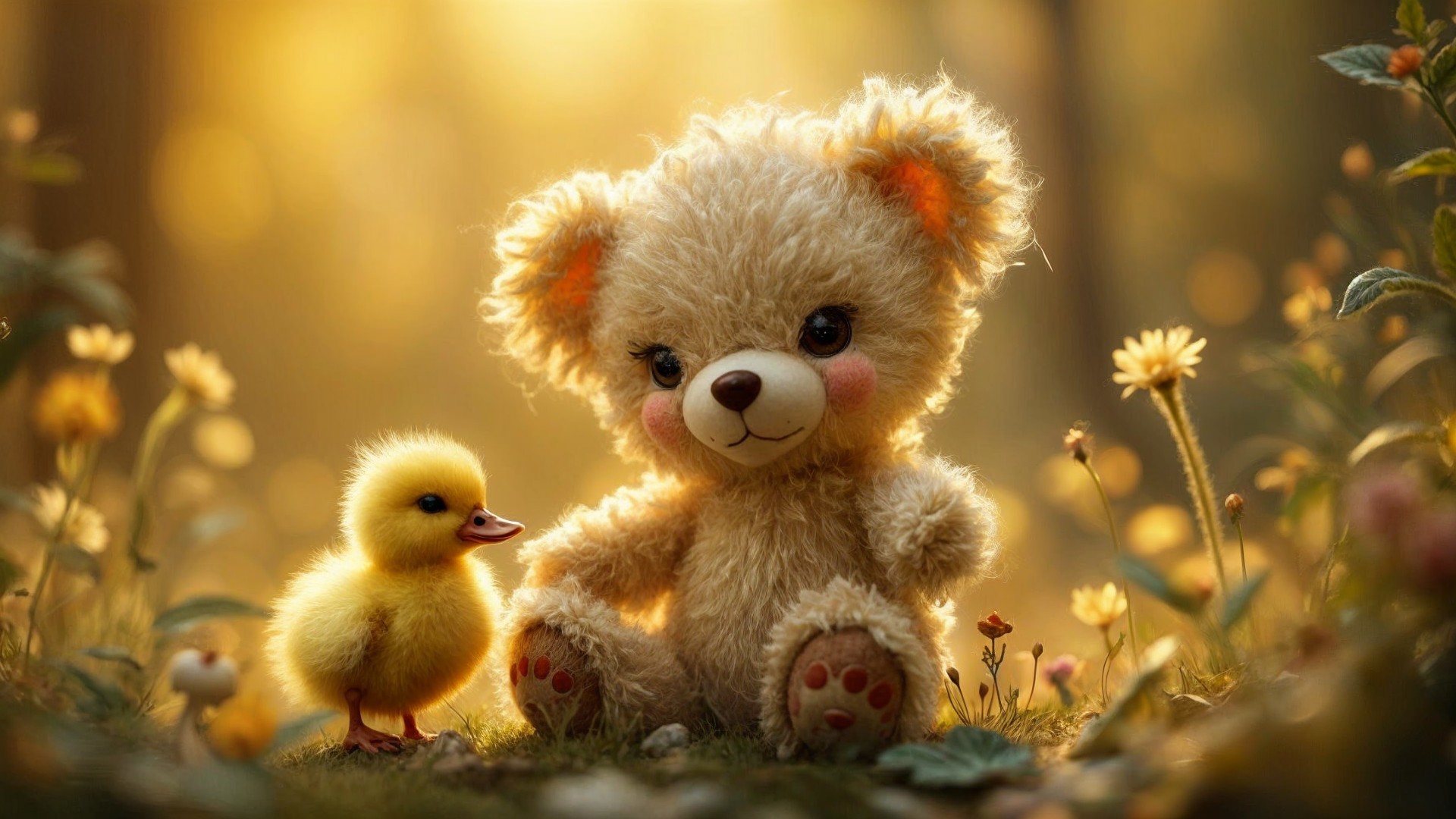 Teddy Bear and Duckling in Sunlit Forest Glade