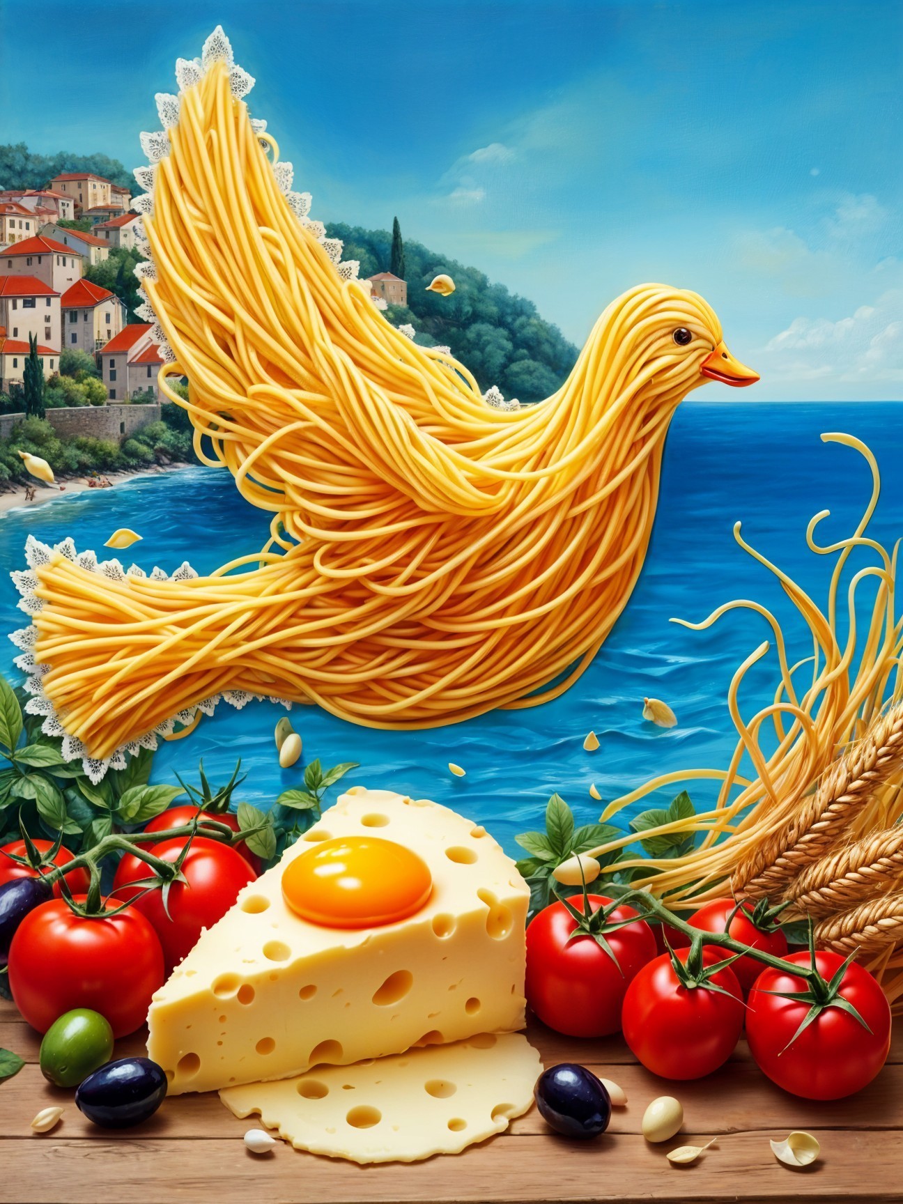 Golden Spaghetti Bird Over Colorful Food Landscape