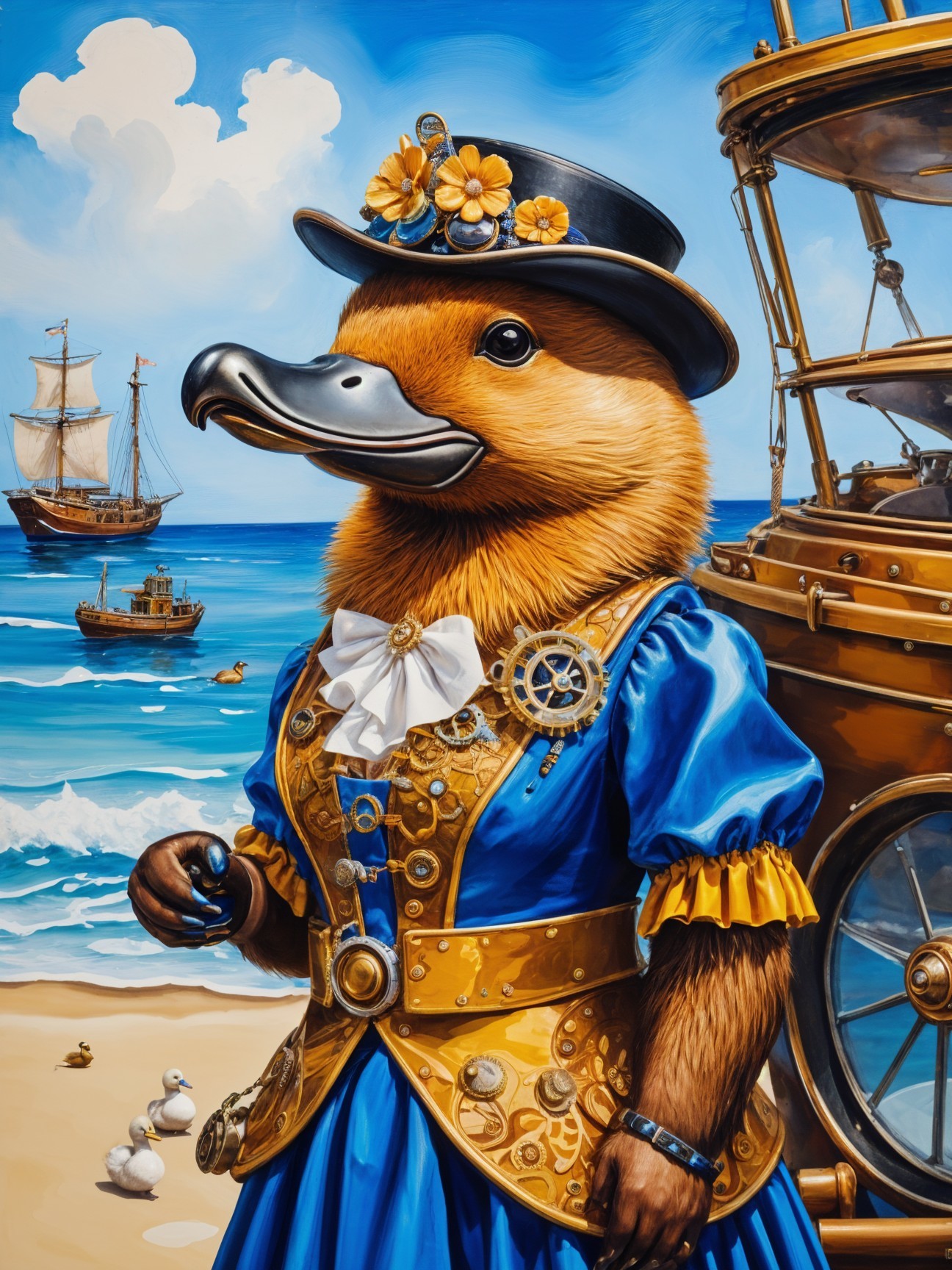 Platypus in Victorian Gown on Beach with Ships