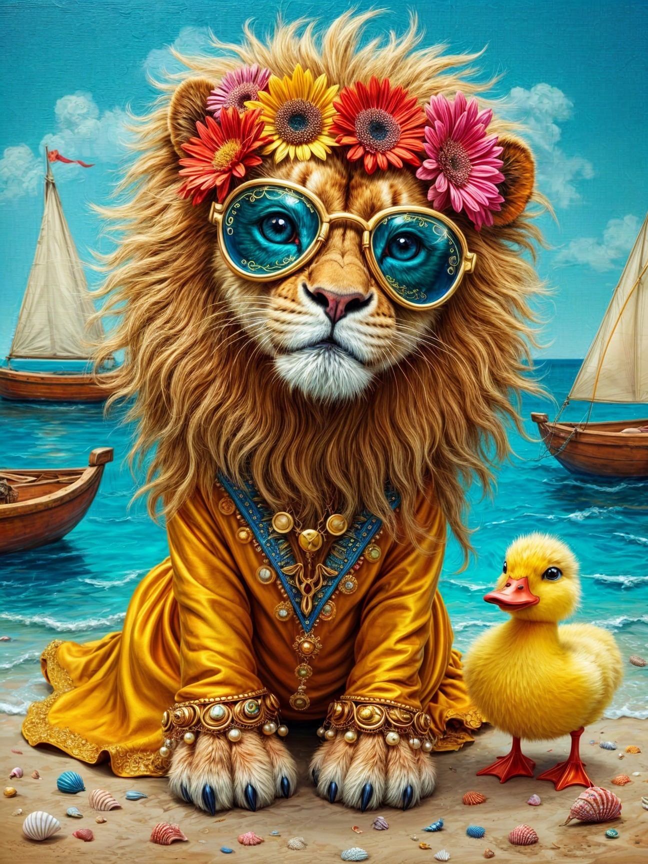 Lion in Floral Mane and Duckling at the Beach