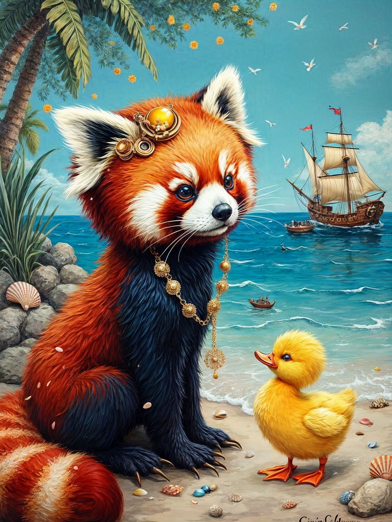 Red Panda with Jewelry and Duckling by the Ocean