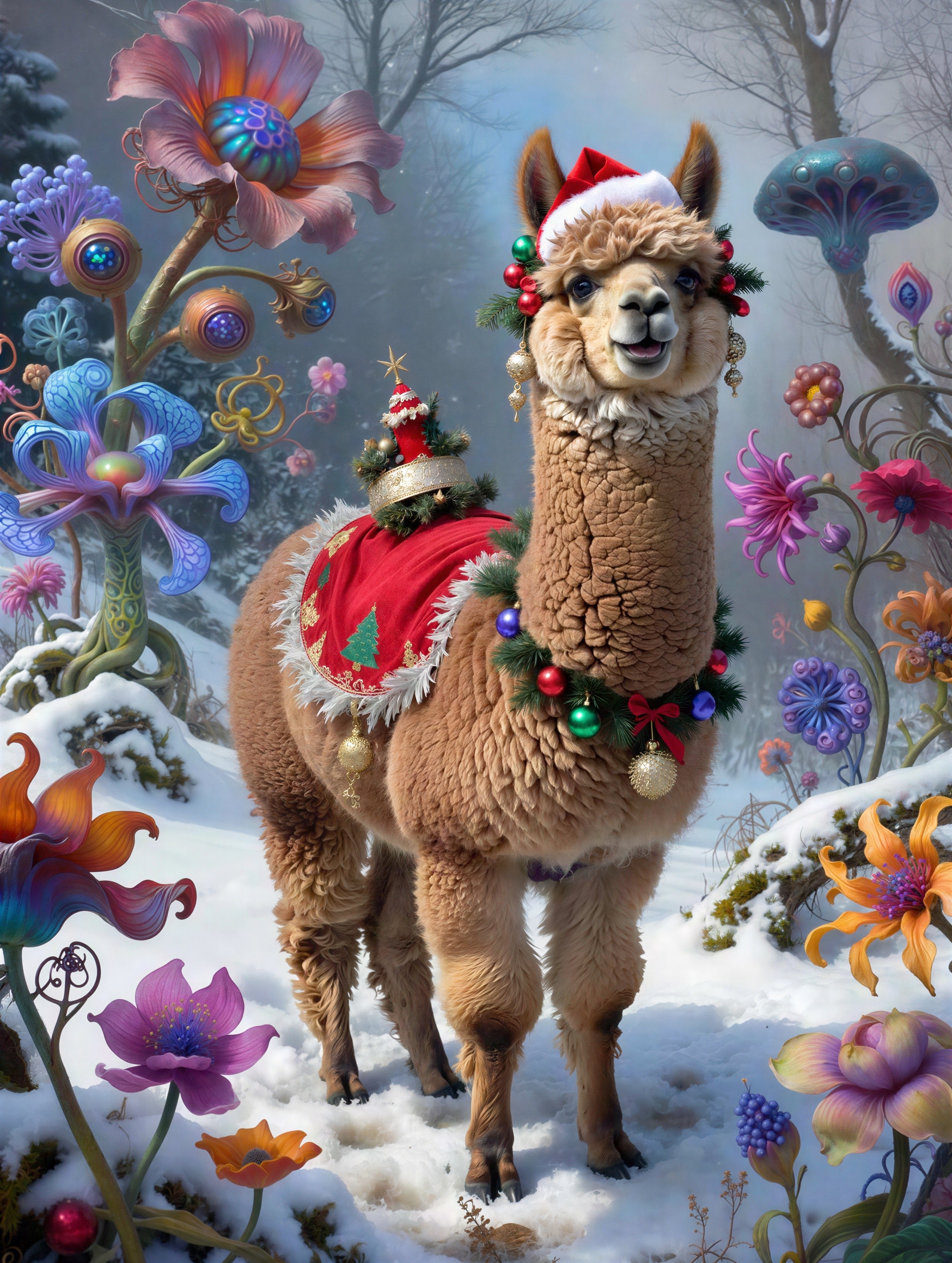 Brown Llama in Santa Hat in Whimsical Snowy Landscape