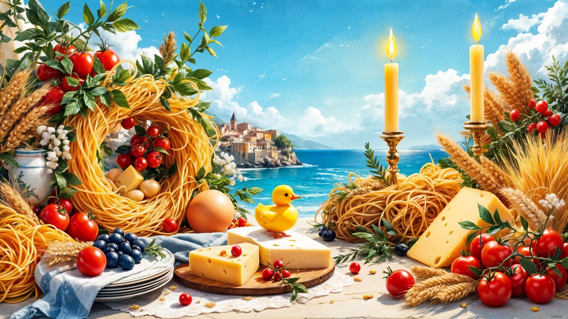 Vibrant Seaside Table Setting with Cheese and Pasta