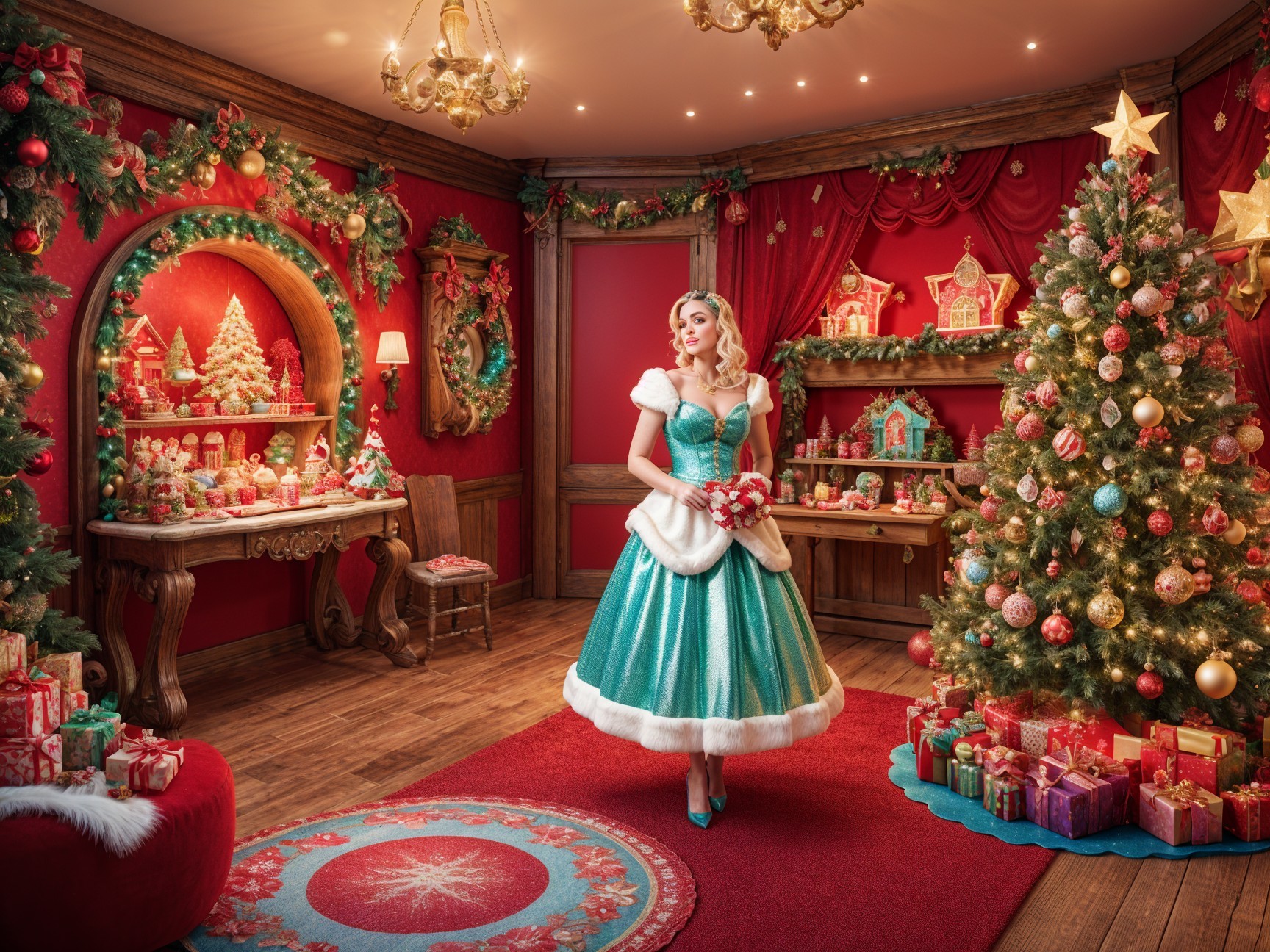 Festive Room with Red and Gold Christmas Decor