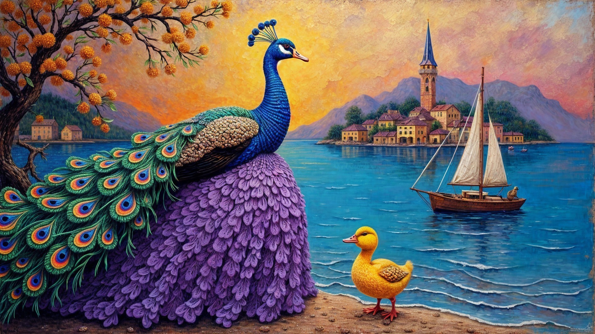 Majestic Peacock and Baby Duck by a Serene Lake