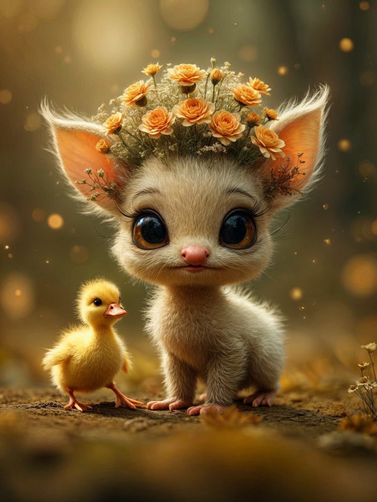 Whimsical Scene with Fluffy Creature and Duckling