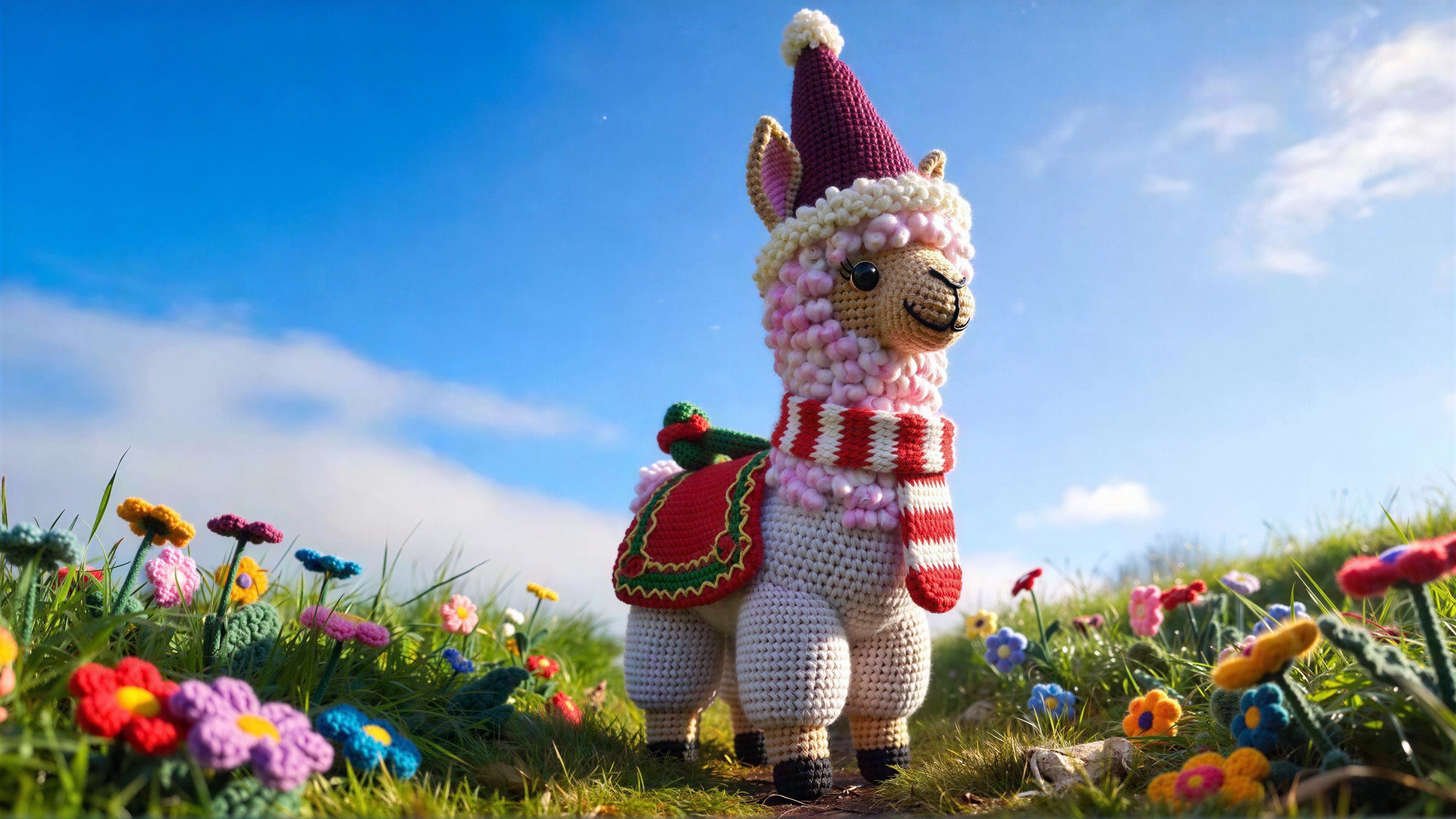 Amigurumi llama doll in a colorful crochet flower field