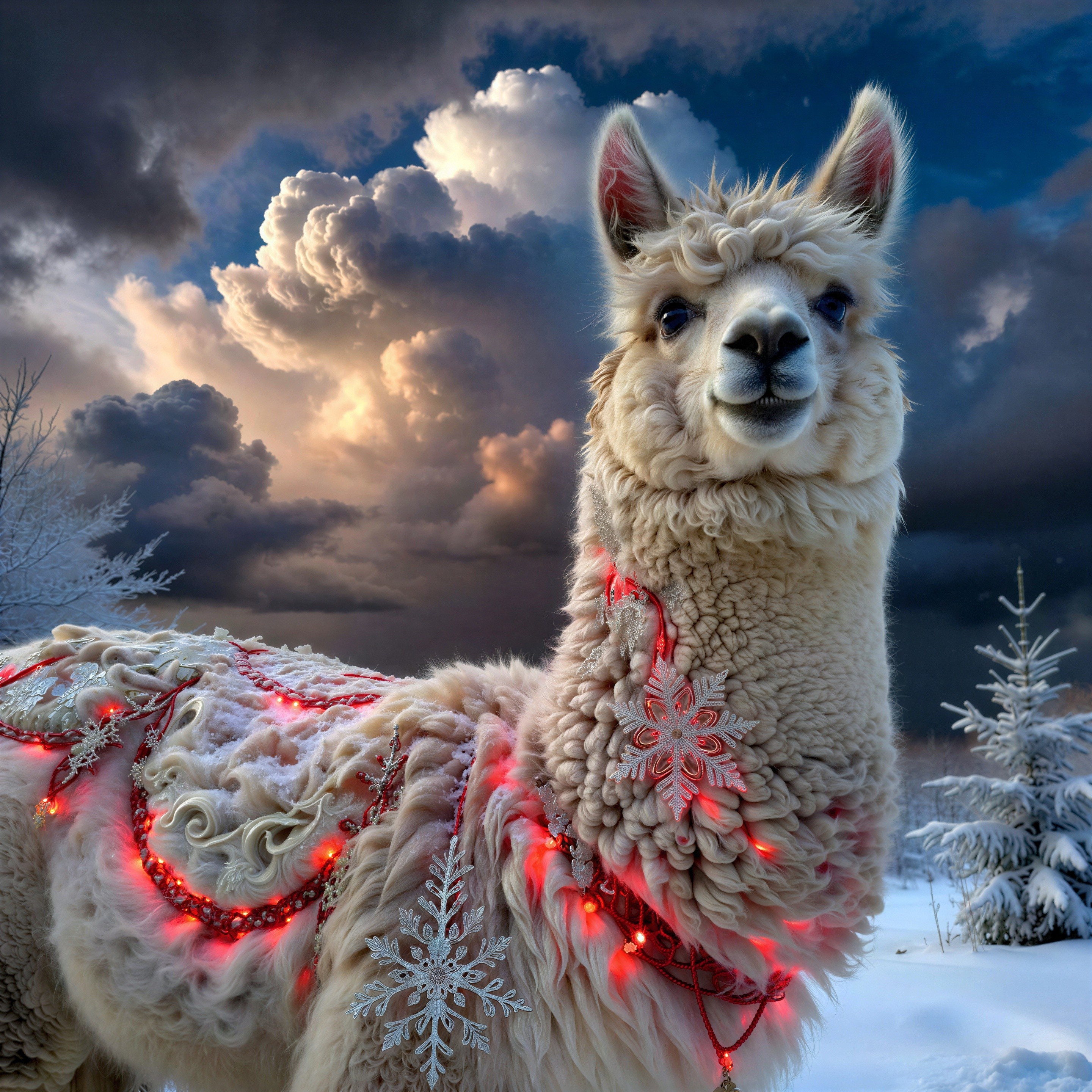White Alpaca in Snowy Landscape with Christmas Decor