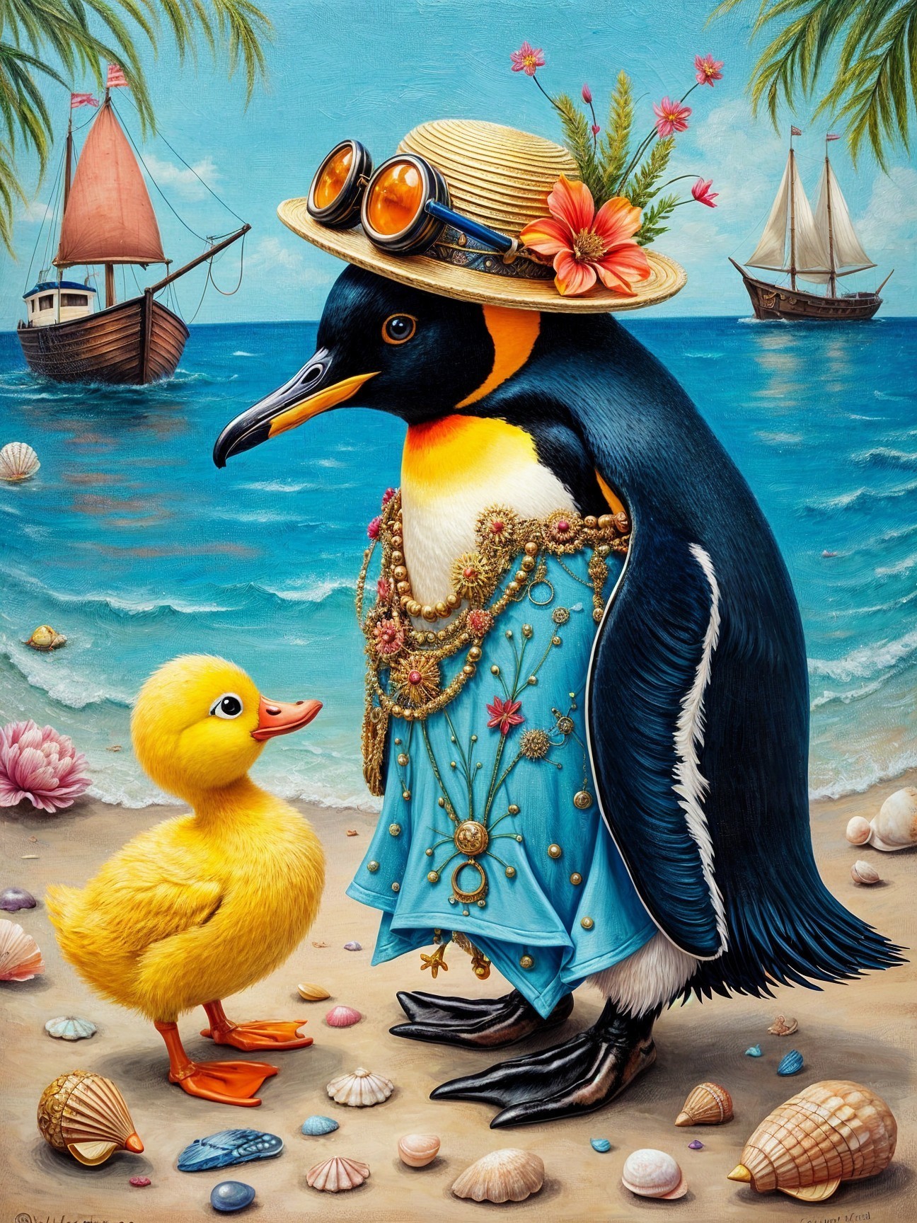 Fashionable Penguin and Duckling at a Beach Scene