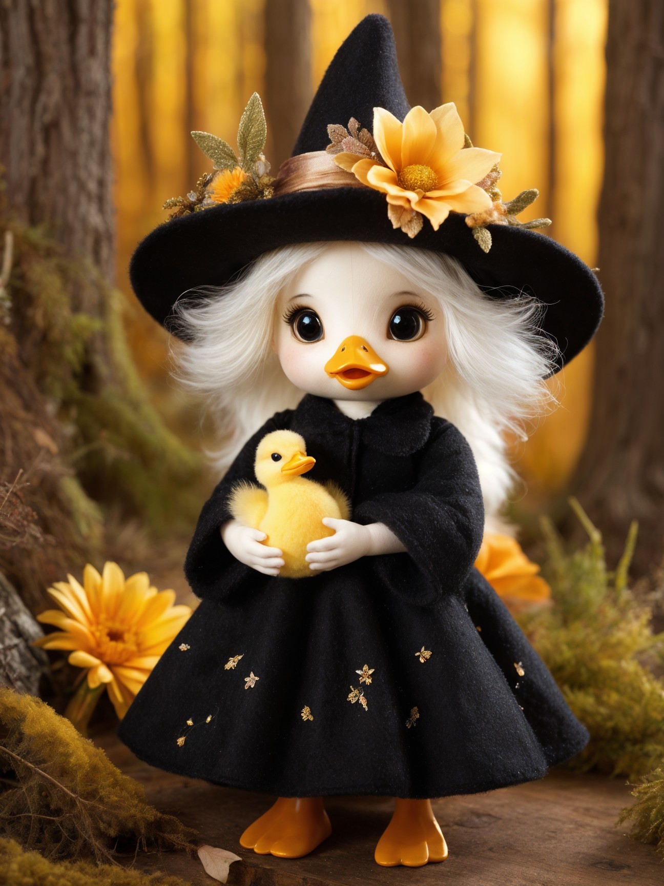 Charming Doll in Witch Hat with Autumn Background