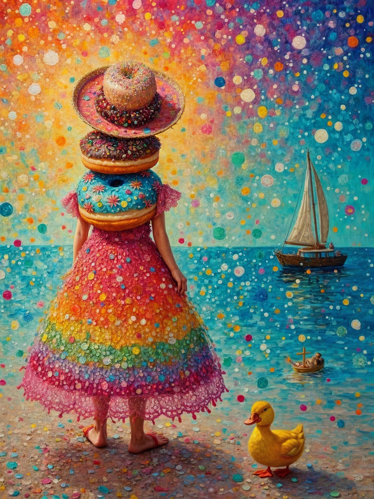 Surreal Beach Scene with Colorful Dress and Sky
