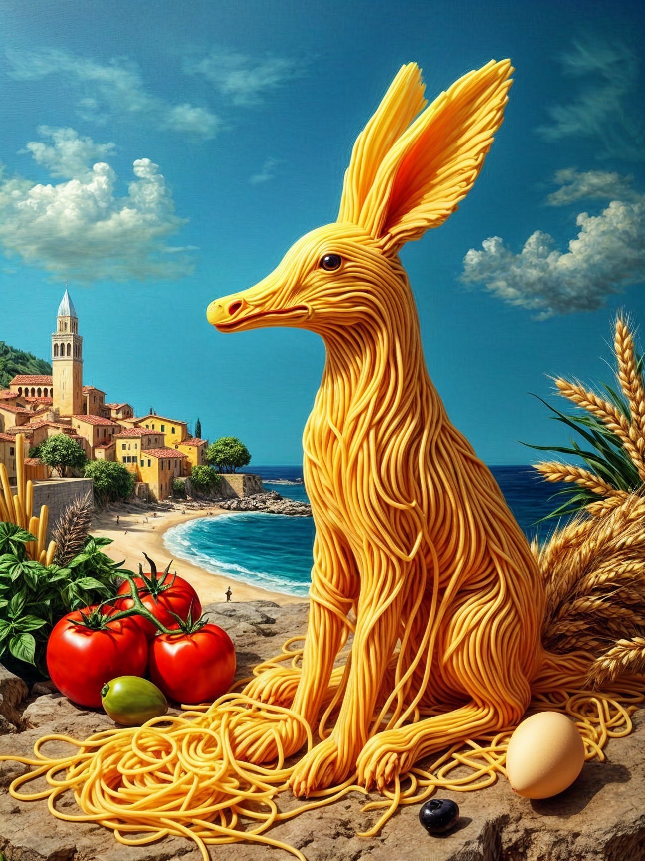 Pasta Dog Figure on Rocky Shore with Coastal Village