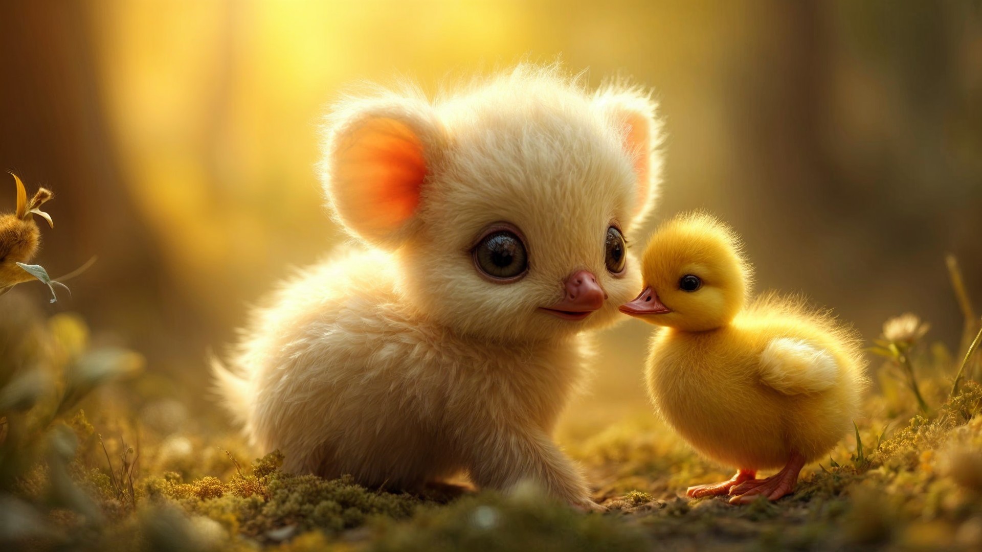 Fluffy Creature and Duckling in Sunlit Forest