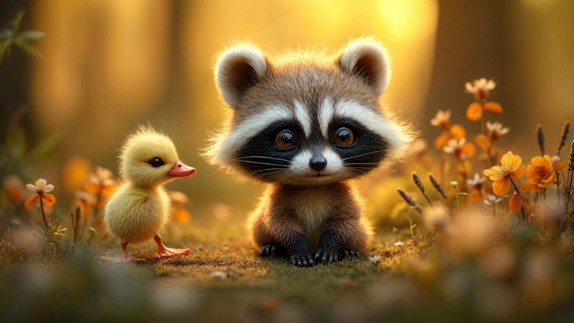 Raccoon and Duckling in a Sunlit Forest Setting