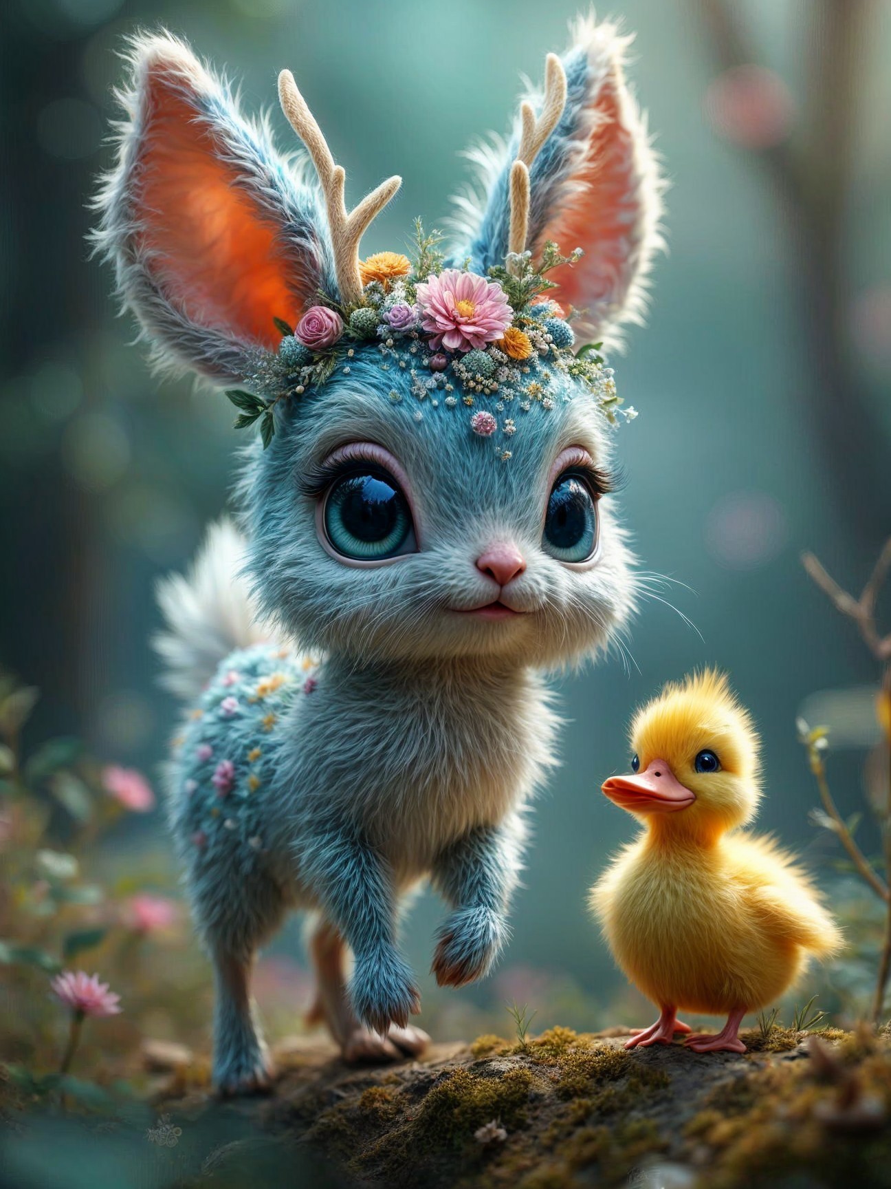 Whimsical Blue Creature with Duckling in Forest Scene