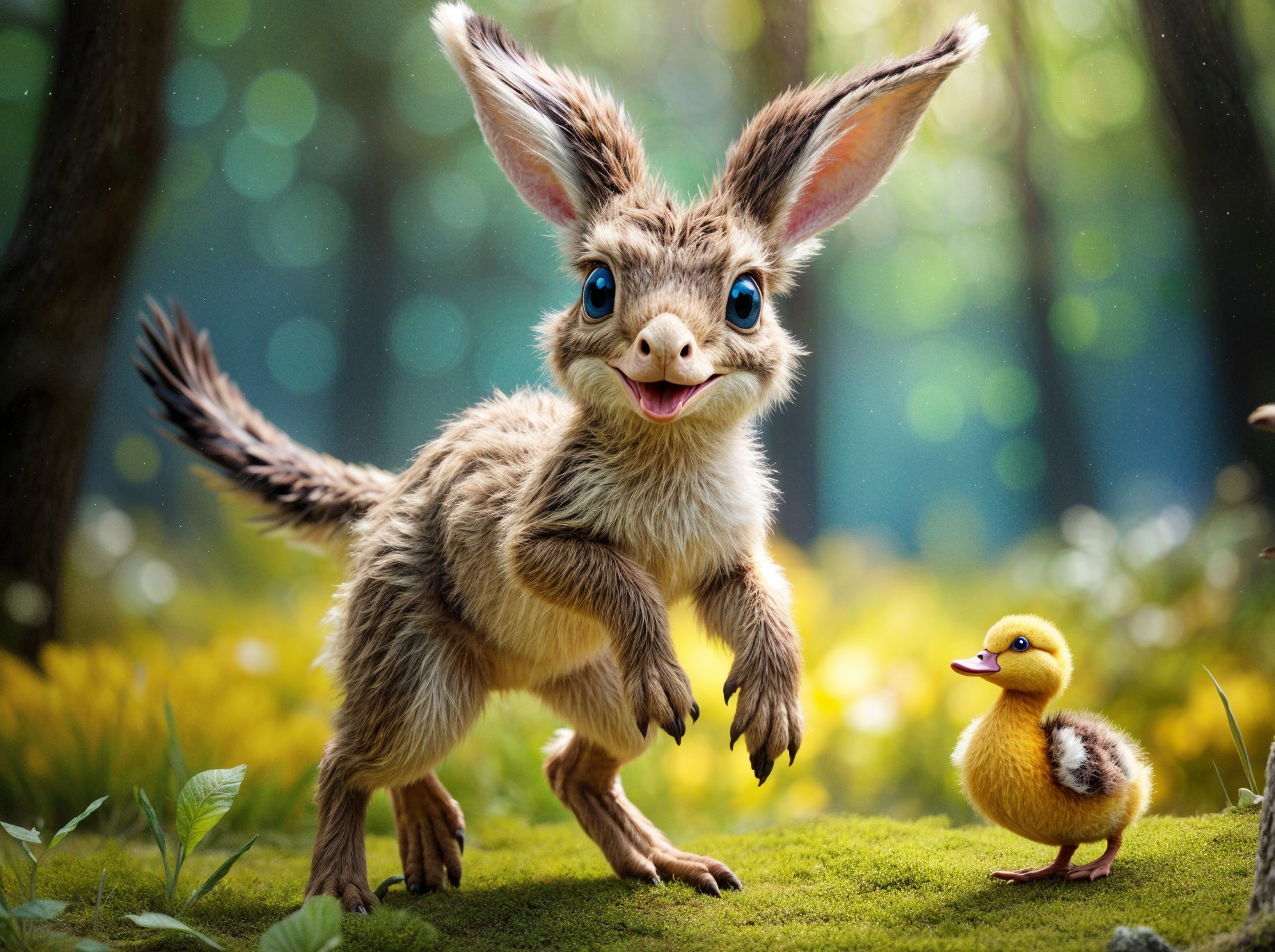 Whimsical Forest Scene with Furry Creature and Duckling