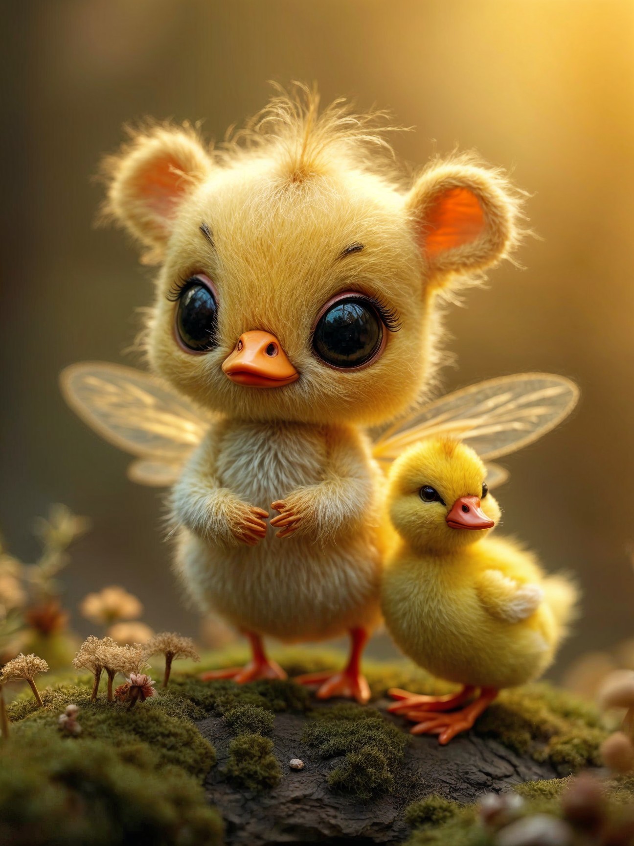 Whimsical Scene of Fluffy Bear and Duckling Characters