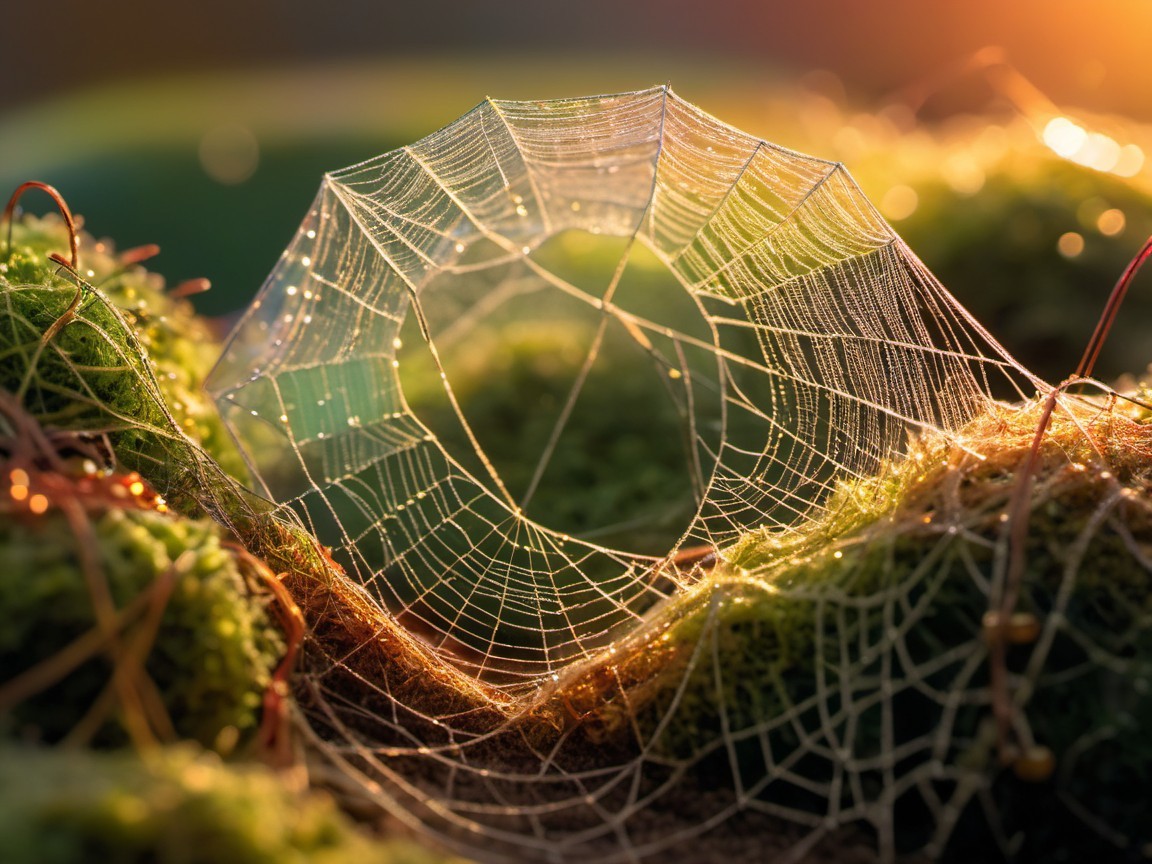 Delicate Spider Web with Dew on Green Moss