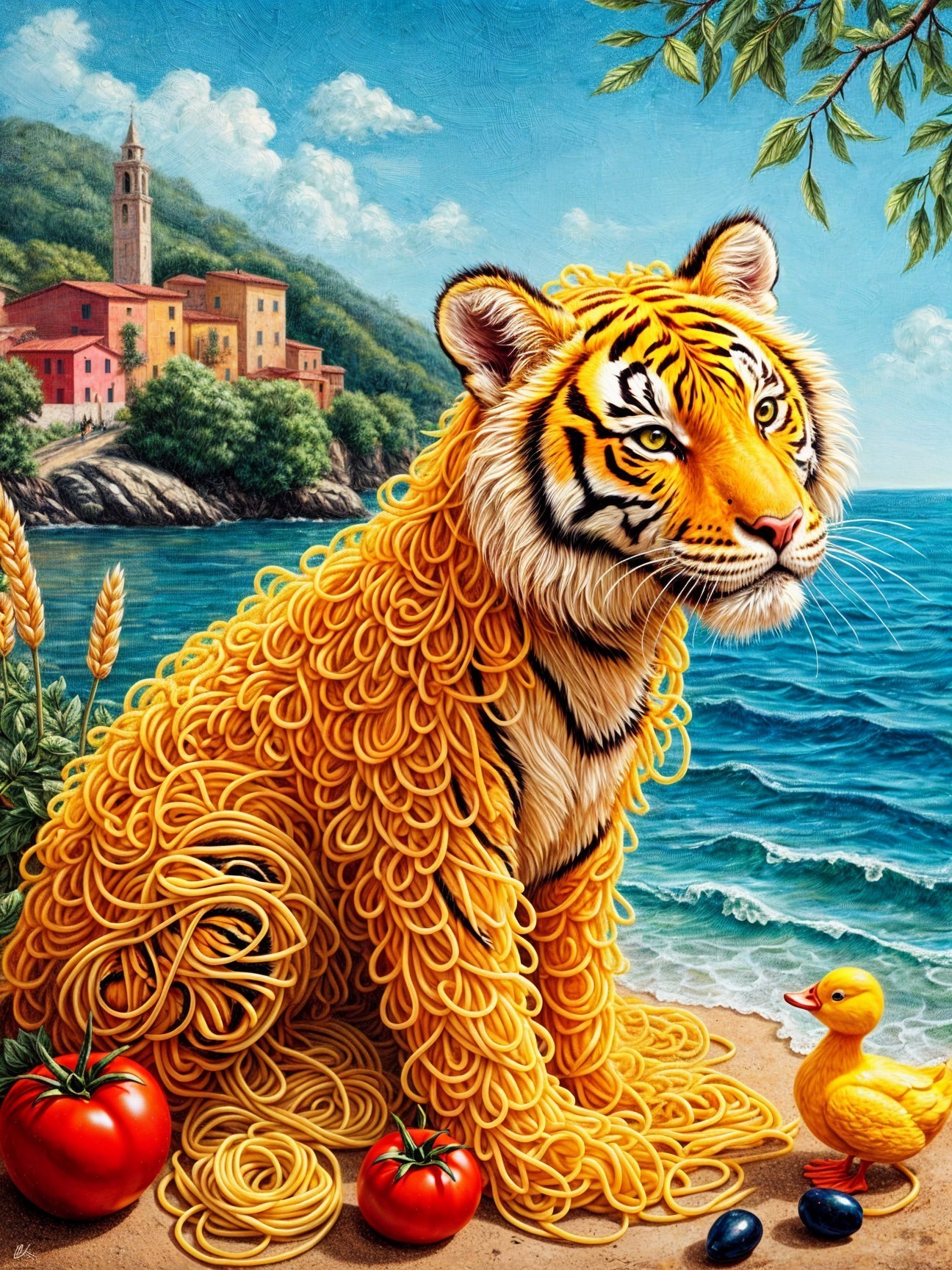 Tiger with Spaghetti Fur by Seaside Town Scene