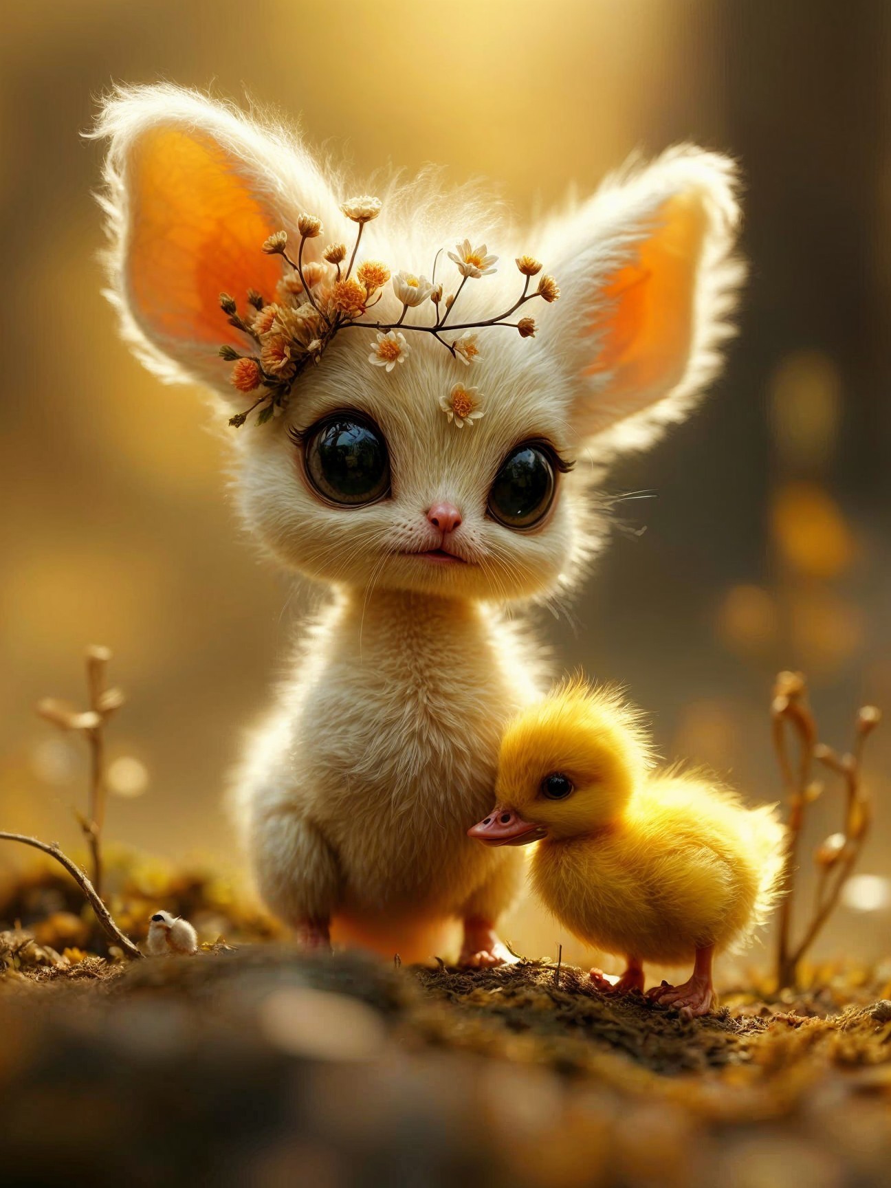 Fluffy Creature and Duckling in Enchanting Forest