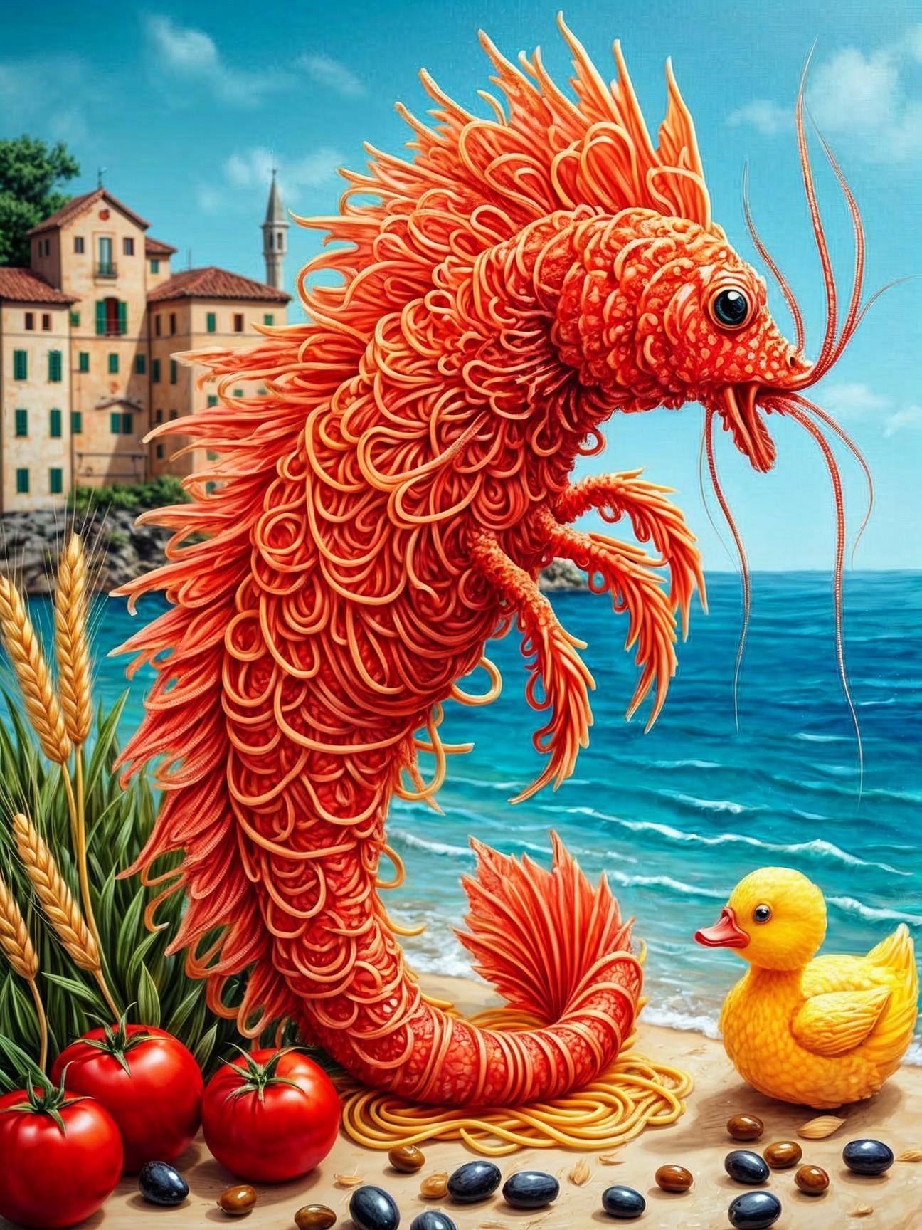 Giant Spaghetti Lobster on a Beach with Rubber Duck