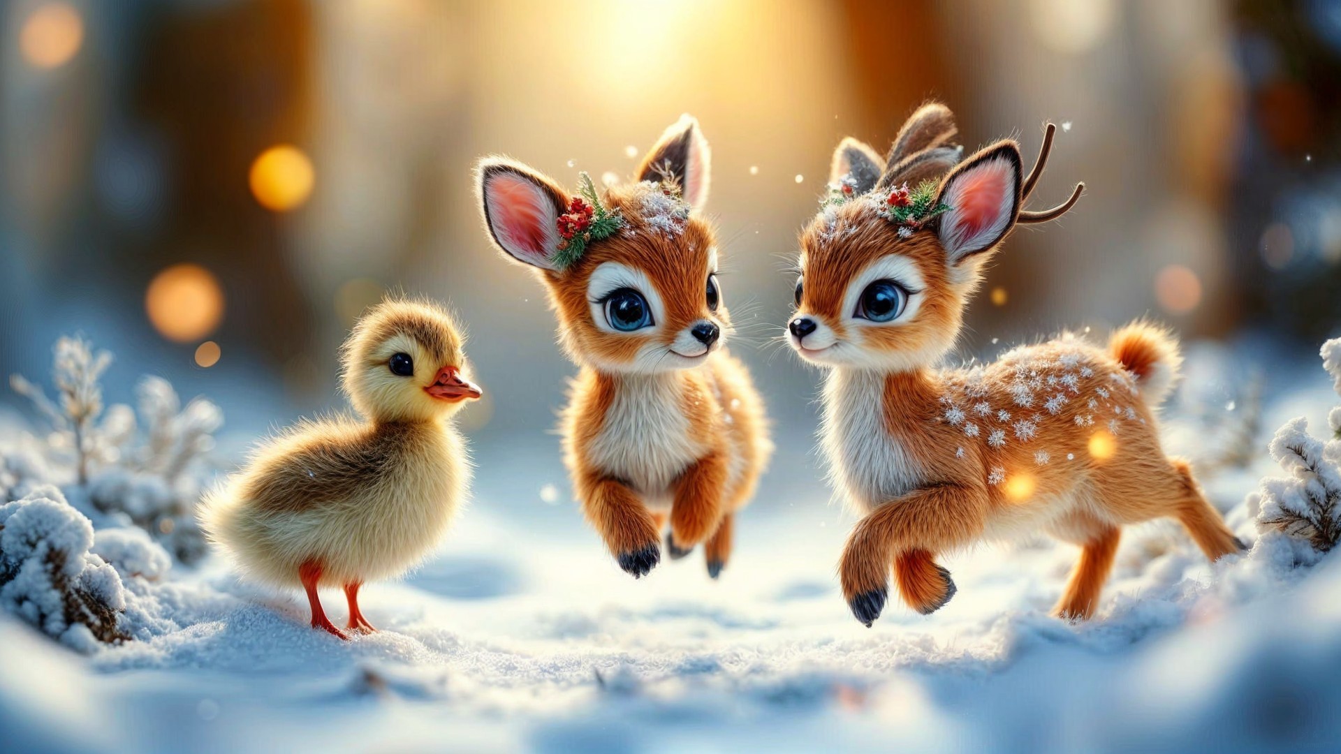 Winter Landscape with Fawn-like Deer and Duckling