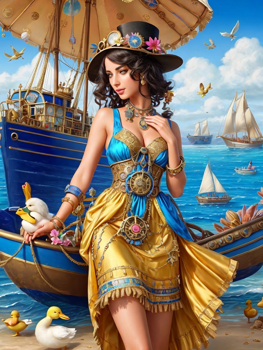 Woman in Blue and Gold Dress by Nautical Ship