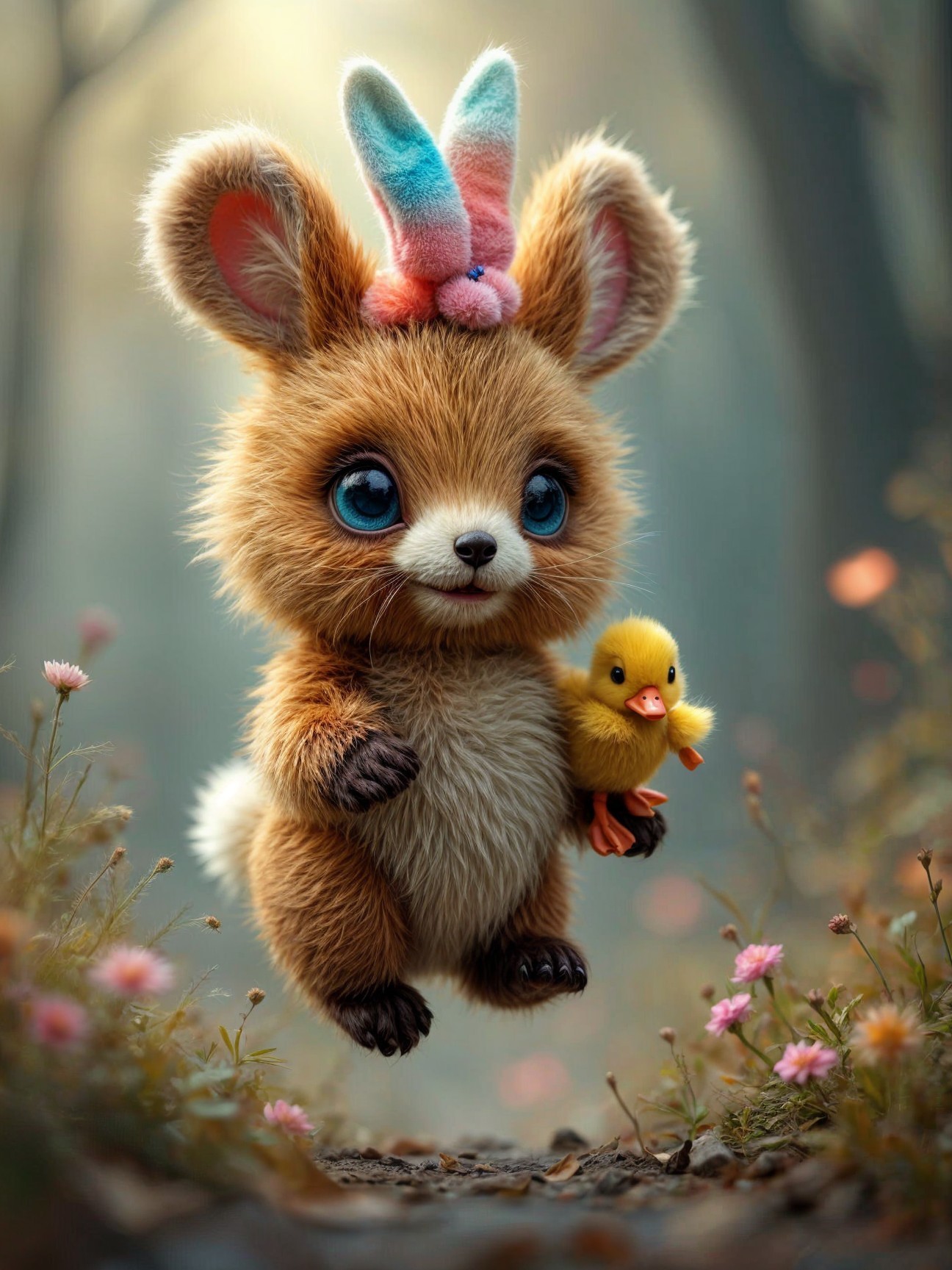 Fluffy Bunny-like Creature with Colorful Horns and Duckling