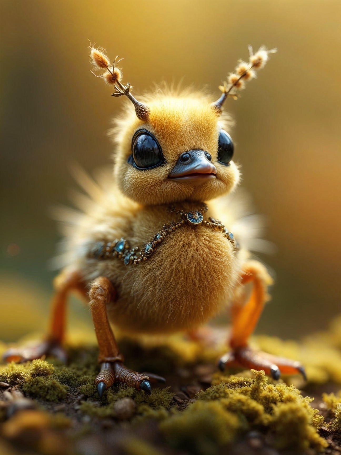 Whimsical Yellow Feathered Creature with Jeweled Necklace