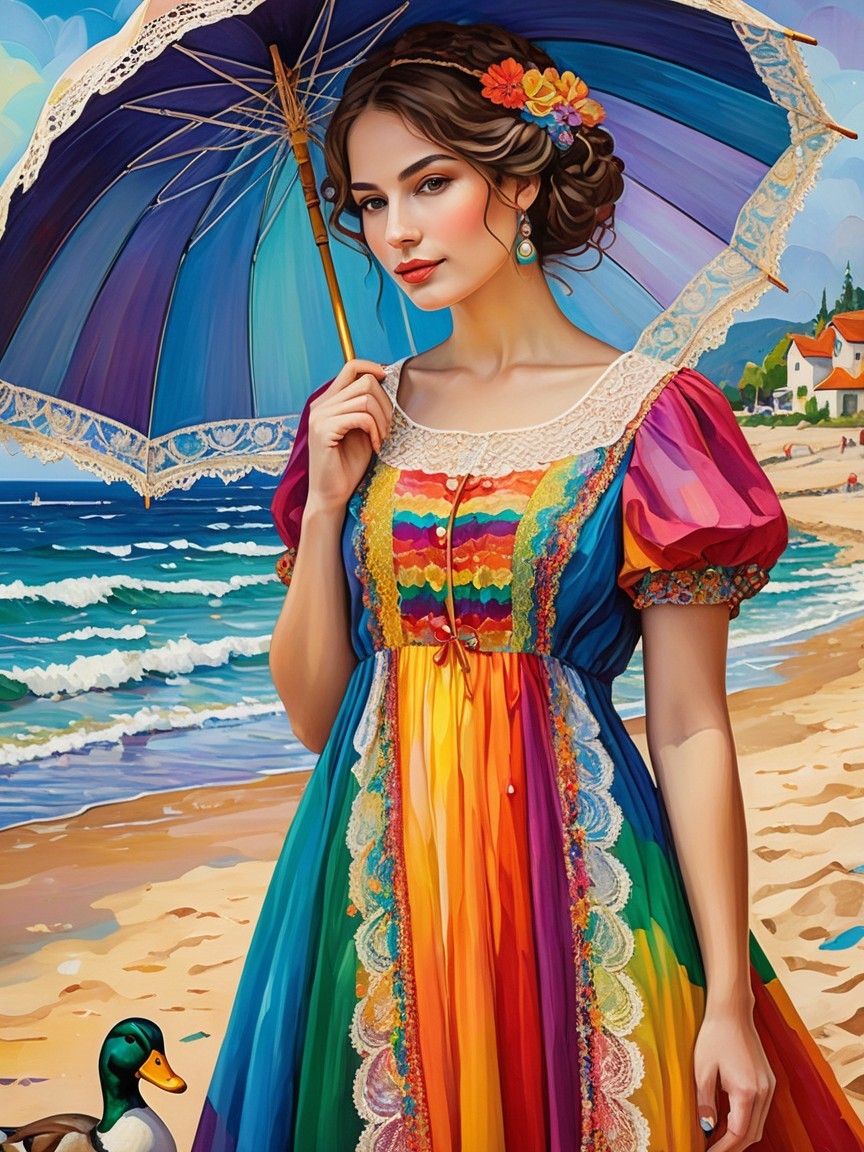 Young Woman in Colorful Dress at Beach with Parasol