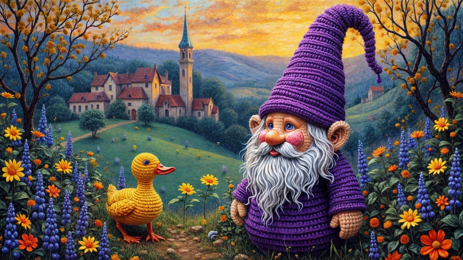 Whimsical Gnome and Duck in a Fairy-Tale Landscape