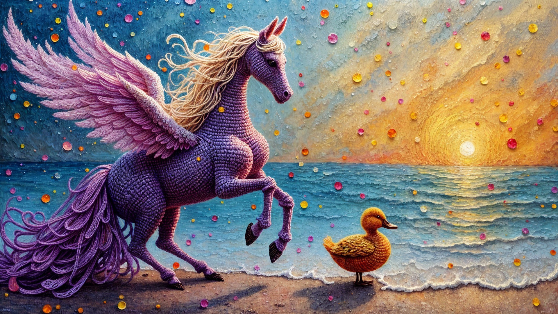 Knitted Purple Pegasus and Duckling at Beach Sunset