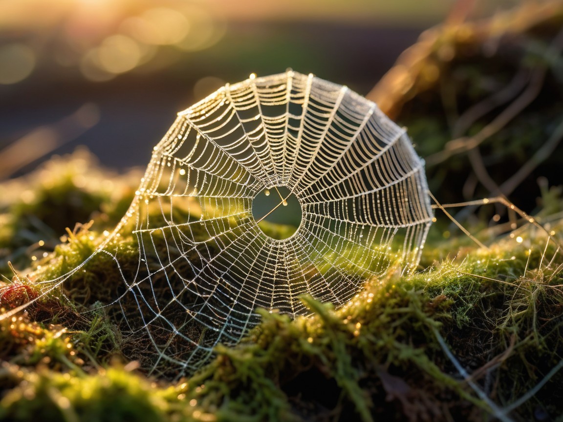 Delicate Spider Web on Green Moss with Morning Dew
