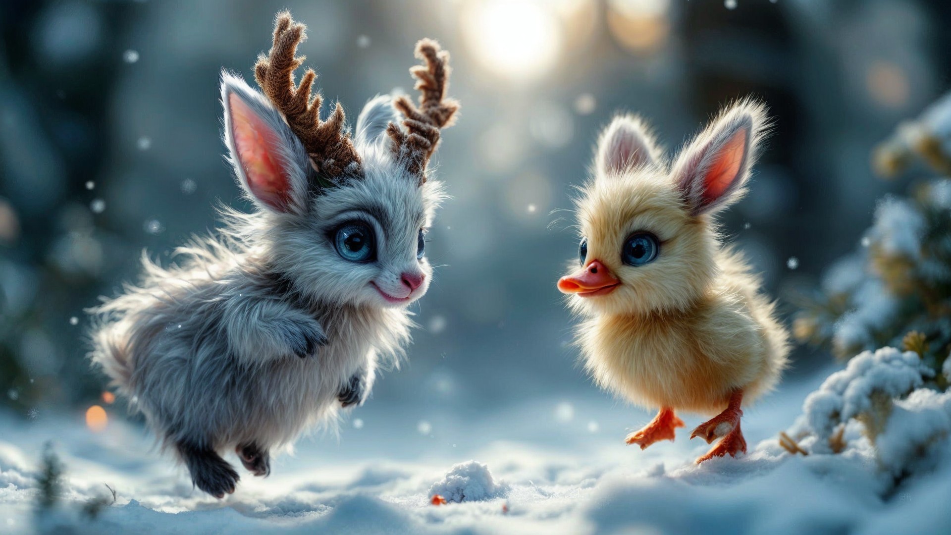 Whimsical Winter Scene with Adorable Creatures