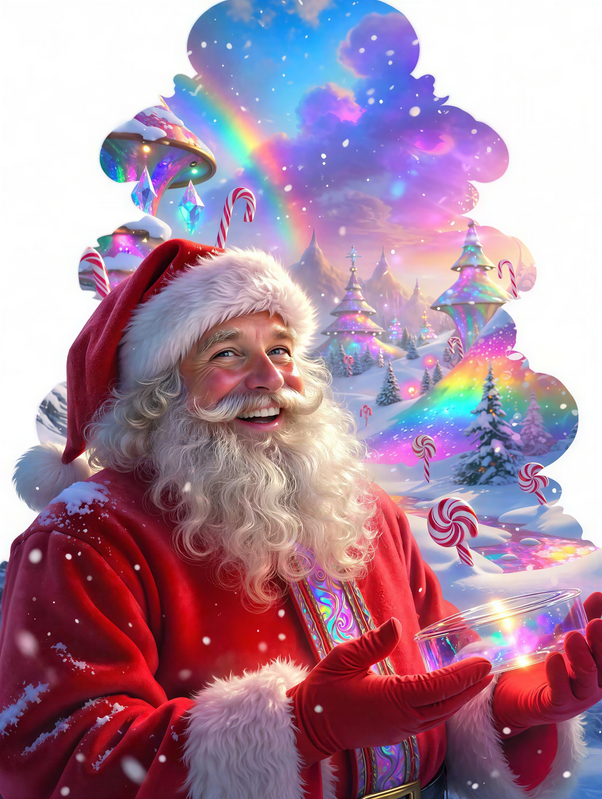 Santa Claus in Red Suit with Iridescent Glass Box