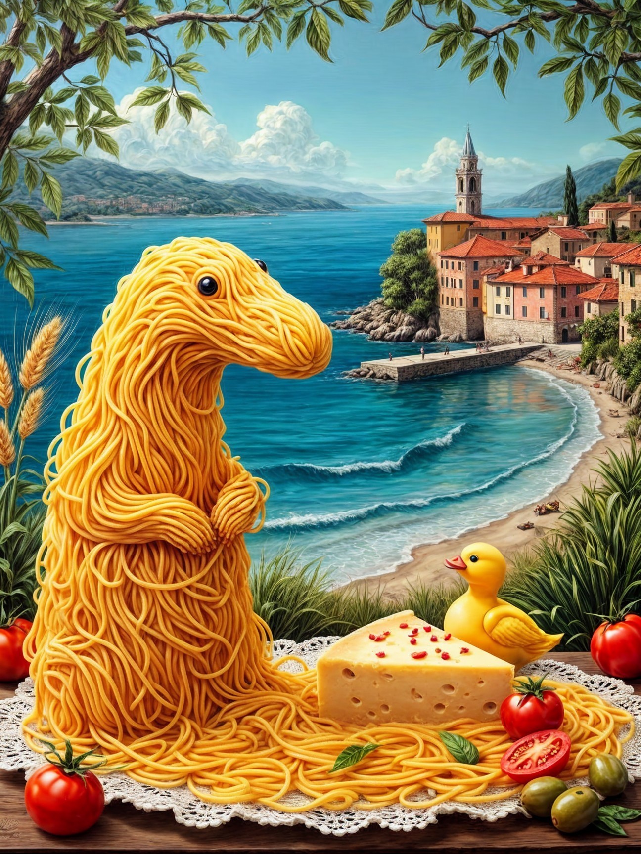 Dinosaur-Shaped Spaghetti Figure on a Beach Scene