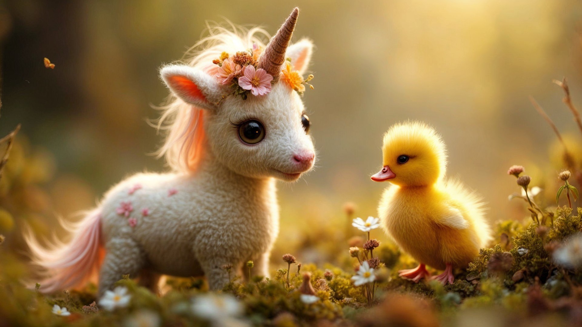 Plush Unicorn and Duckling in Whimsical Forest Scene